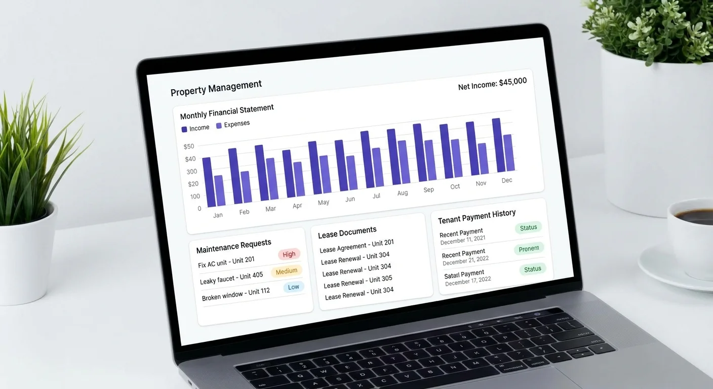 Blackbuck Property Management online owner portal showing financial statements and maintenance requests